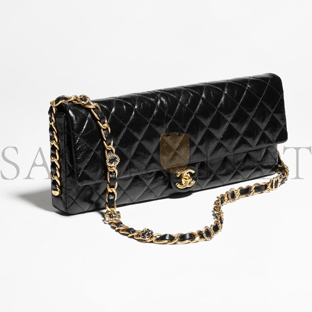 CHANEL MASTER MAXI CLUTCH SHINY LAMBSKIN GOLD TONE METALLIC BLACK AS5006 (38*18*4cm)